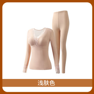 Winter Cashmere Silk Thermal Underwear Womens Suit Plus Velvet and Thickened with Chest Pad Autumn Clothes Autumn Pants Womens Bottoming Shirt