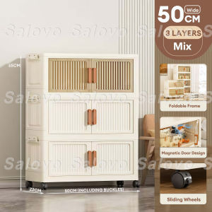 SALVO 50CM Installation Free Storage Cabinet With Plated Handle Home Living Room Multi-Layer Plastic Snacks Toys Clothes Books Foldable Storage Cabinet Storage Cabinet Simple Installation Foldable Magnetic Suction Transparent Door