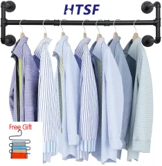 HTSF Industrial Pipe Clothes Rack for bedroom, kitchen, balcony 109cm Wall  Mounted Garment Rack, Heavy Duty Iron Garment Bar, Clothes Hanging Rod Bar,  4 Base Max Load 135Lb Black