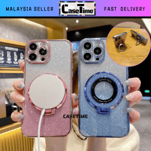 IPH 11 12 13 14 15 16 Plus Pro Max electroplated glitter 2 in 1 transparent shining bling round stand charging soft case 手机壳