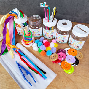 Paket Busy Jar Set 5in1 / Mainan Montessori Sensori Kado Lahiran Bayi / Button Post / Pompom Push / Taggie Jar / Stick Jar / Stacking Jar
