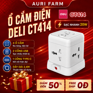 Ổ Cắm Điện Vuông Deli CT414 Mầu Trắng Dây Dài 24M 10A 4 Ổ + 2 USB + 2 Type C Sặc nhanh 20W
