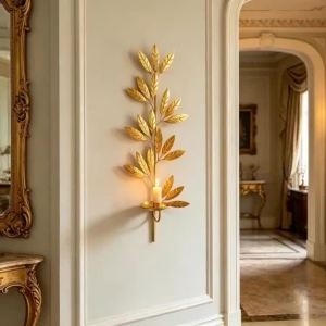 FFBH Iron Texture Candle Holders Luxury Candlestick Leaf Branch Shape Rack Indoor Wall-mounted Living Room Vintage Ornament Holder H5K8Q