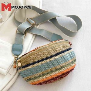 MOJOYCE Rainbow Striped Female Sling Waist Pack Fashion Straw Woven Waist Bag Adjustable Strap Simple Portable Colorful for Weekend Vacation