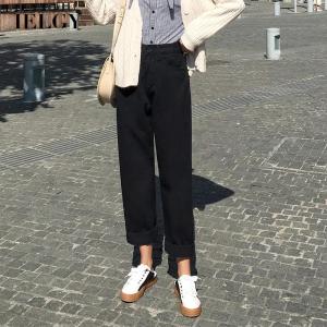 IELGY korean off white denim trousers for women with high waist