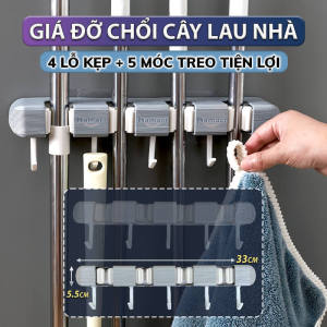 Giá Đỡ Chổi 4 Lỗ Kẹp Cây Lau Nhà 5 Móc Treo Khăn Bàn Chải Cọ Tắm Đa Năng Hamart Dán Tường Siêu Dính