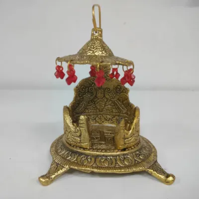 Antique Gold-Finish Metal Laddu Gopal Singhasan with Umbrella & Red Beads | Krishna Throne for Pooja Mandir | 7 × 5 Inches (H × L)