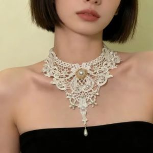 M8TT Gear Charm Lace Choker Necklace Blood Drop Black/White Skull Charm Necklace Vintage Lace Collar Drop Choker Necklace for Women