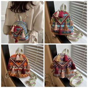 COSE Stripe Ethnic Style Tassel Backpack Small School Bag Embroidery Chinese Style Handbag Fashion Outdoor Travel Bag Canvas Tassel Shoulder Bag Outdoor