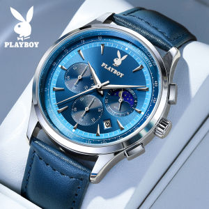นาฬิกาเพลย์บอยสำหรับผู้ชายของแท้กันน้ำ2025แฟชั่นลำลองสายหนังนักธุรกิจโครโนกราฟนาฬิกาสำหรับผู้ชายปฏิทิน