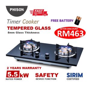 Phison Tempered Glass Build-in / Tabletop 2 Burner Timer Gas Stove Gas Cooker - PGC902