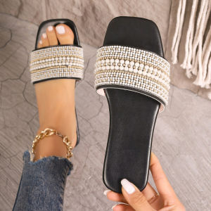 Free Shipping Small Fragrant Style Flat Large Size Slippers For Women Square Toe Rhinestone Colorful Pearl One-Strap Flat Sandals Slpers