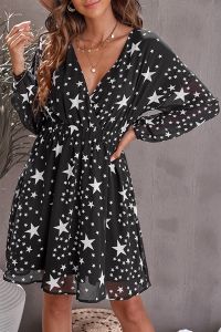 White V Neck Star Pattern Tunic Dress (KS229395-1) - Big Size (50-100kg)
