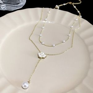 สร้อยคอมุก Camellia พู่สองชั้นโซ่ไหปลาร้าเครื่องประดับอัญมณี MODE Korea สำหรับผู้หญิง