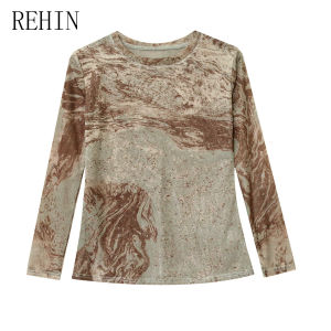 Rehin phong cách Châu Âu Áo Thun Dài Tay Lưới in nhuộm buộc đồ họa ôm vừa Mùa Thu/Mùa đông cổ tròn thời trang S-4XL thanh lịch hàng đầu của phụ nữ