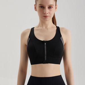 Color-blocking sports bra with one-piece cup front zipper gathering shockproof high-strength antibacterial fabric womens sports vest