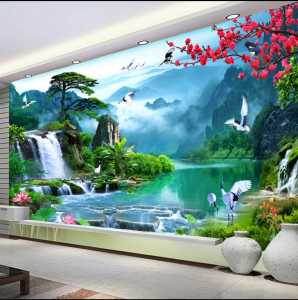 UKURAN BESAR WALLPAPER CUSTOM MOTIF AIR TERJUN TAMAN 3D - wallpaper dinding ruang tamu terlaris