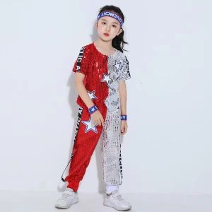 Kids golden shiny sequined short sleeve tops children silver bling bling T-shirts pants set hip hop jazz dance costumes