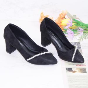 Giày cao gót vuông 7p bít mũi công sở da nhung kết dây hạt châu chéo chân - BM83 kèm ảnh thật và video