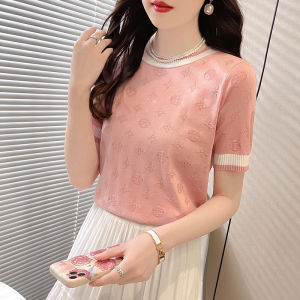 LUCKIN STORE Womens Short Sleeve Knit Tops Sweater Round Neck T-shirt Jacquard Contrast Color Shirt Summer New Blouse