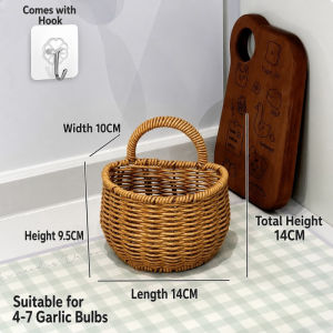 Woven Rattan Hanging Basket Wall Storage Organizer Kitchen Garlic Ginger Onion Produce Holder