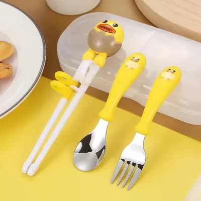 3 in 1 Set alat makan kartun anak Sumpit Pelatihan Bayi Stainless Steel + Sendok + Garpu Set / Peralatan Makan Pelengkap Anak432