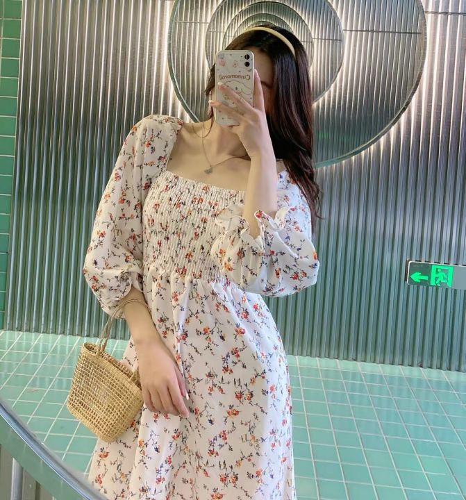 Váy hoa nhí sếp ly tôn dáng Đầm hoa nữ tay bồng cổ vuông có co dãn dễ  thương du lịch chụp ảnh mẫu mới V040 - MixASale