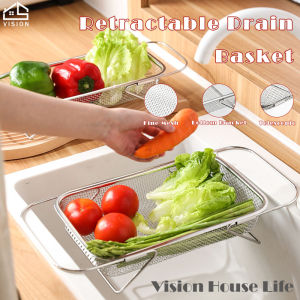 Vision Stainless Steel Retractable Drain Basket Telescopic Drain Rack Kitchen Sink Stretch Basket Adjustable Fruit Vegetables Basin Basket Expandable Dish Drying Rack