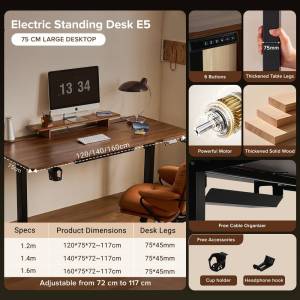 Bapoarm E5 Electric Standing Desk Adjustable Height 72-117cm Computer Table Smart Gaming/Office/Study Table