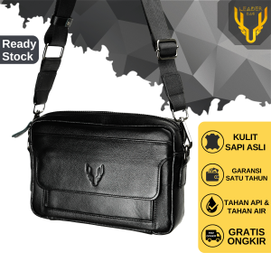 Tas Selempang Pria Kulit Sapi Asli Leaderbag Hitam Premium Handbag 3in1 Waterproof Clutch Cowok Bisnis Keren Multifungsi ARIUS