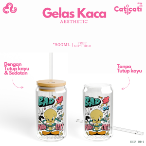 CatiCati - Gelas Aesthetic Tumbler Kaca Tutup Kayu dan Sedotan 500ml Gelas Estetik Kode Varian BB