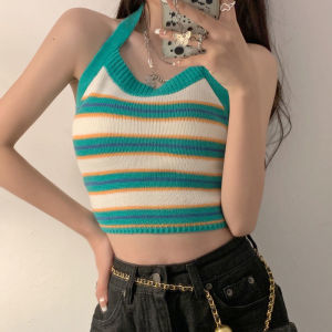 Summer Slim-fit Striped Halter Neck Camisole Womens Outerwear Knitted Top