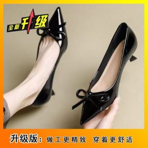 [Free Shipping] Bow-Tied Pointed-Toe Mid-Heel Work Shoes Non-Slip New Style Shallow-Cut Patent Leather Thin-Heel High Heels