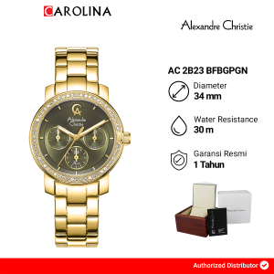 Jam Tangan Wanita Alexandre Christie Multifunction AC 2B23 BFBGPGN Green Dial Gold Stainless Steel Strap