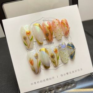 [HANDMADE]Artificial Nail 3D Hand-Painted Tulip Stroke Gradient Mesh Phototpy Nails Reusable and Removable Nails