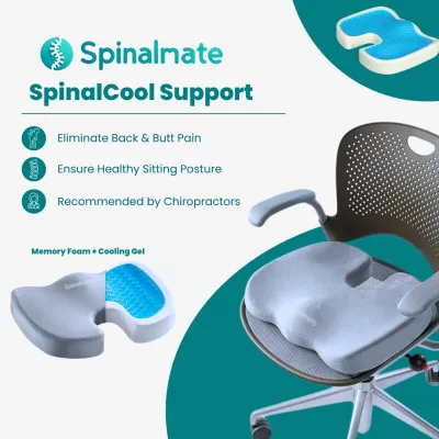 Spinalmate SpinalCool Ergonomic Coccyx Cooling Gel Seat Cushion - Chiropractic Memory Foam Orthopedic Support Pillow for Tailbone Hip & Back Pain Relief – Office Chair Car Home Use Comfort Kusyen Posture Correction Cushion