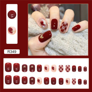 FenHuan 【Local Delivery 】24PCS Summer Fresh And Sweet Cool Wind Manicure Wearing A French Line Cartoon Cute Chessboard Plaid Flowers Blooming Detachable Fake Nails Finished【 】