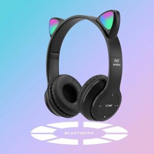 P47M Audifonos LED RGB On-Ear Wireless Gaming Foldable Headset Electronics Stereo Cute Cat Earphones for Aviation BT headphones