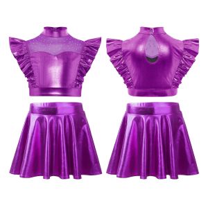 Kids Girls Jazz Dance Outfit Rhinestone Mesh Sleeveless Metallic Crop Top with Flared Skirt for Stage Show Musical Club Party2026