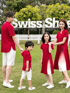 ＜906＞ ชุดแม่ลูกชุดเดรสผ้าฝ้ายผสมผ้าลินินชุดฮั่นสวมแขนสั้น 2024 ใหม่สไตล์จีนครอบครัวสามคนสี่แม่ลูกกระโปรงยาวฤดูร้อน