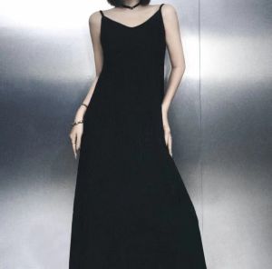 French Women Plain pleated Strap Dress Long Length Dress