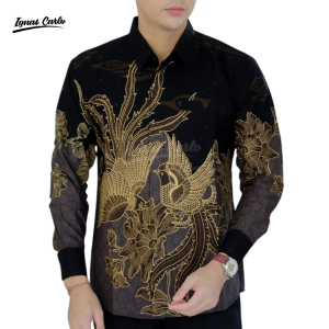 Kemeja Batik Pria Slim Fit Lengan Panjang Katun Premium Motif Murai Lapis Furing Hitam M-XXL