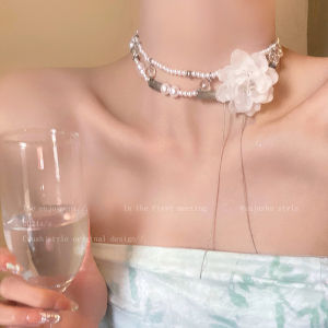 Khí Camellia ngọc trai Vòng cổ dài tua dây chuyền chạm xương quai xanh Vòng cổ kỳ nghỉ trang sức
