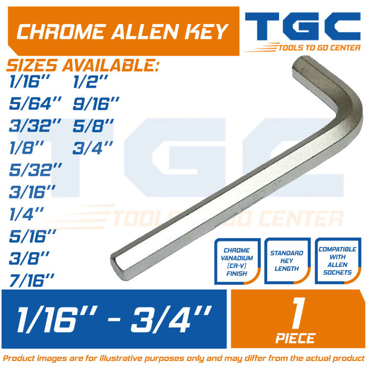 1/16 inches up to 3/4 inches Allen Key Hex Wrench Screw Chrome Vanadium  Standard Allen Wrench TGC 1/16 5/64 3/32 1/8 5/32 3/16 7/32 1/4 5/16 3/8  7/16 1/2 9/16 5/8 3/4