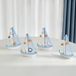TEN Mediterranean Style Sailing Boat Model Wooden Handmade Wooden Ship Ornament Coastal Style Fishing Net Accent Nautical Decor Home Decoration