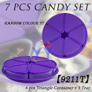 Plastic 7 PCS Candy Set【9211T】【6 pcs Triangle Container + 1 Tray】Bekas Kuih Raya Barangan Kering/ Snack Candy Tray Round Container Compartment With Cover& Tray