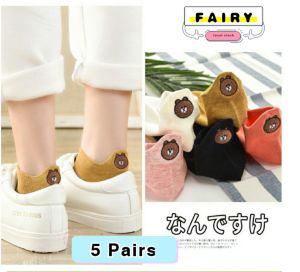 (5 pairs)Woman Cute Embroidered Cartoon Bear Cotton Socks Women Socks Kawaii Candy Color Breathable Comfortable Boat Socks Female Casual Sock Ladies Ankle Socks