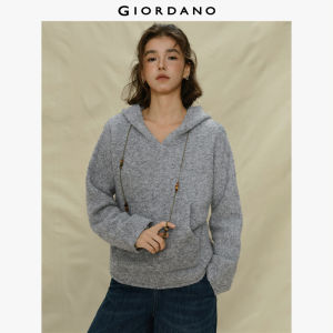 Giordano Women Hooded Kangaroo Pocket Curved Hem Woolen Knit Sweater Free Shipping 18355827