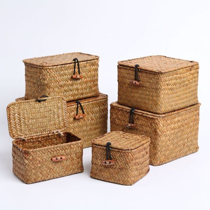 Straw rattan storage basket with lid square wicker storage box Tea