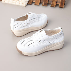 รองเท้าส้นสูงผู้หญิงหนังกลวงหัวกลมผูกเชือกหนา4ซม. รองเท้าระบายอากาศและสบายๆใหม่2023